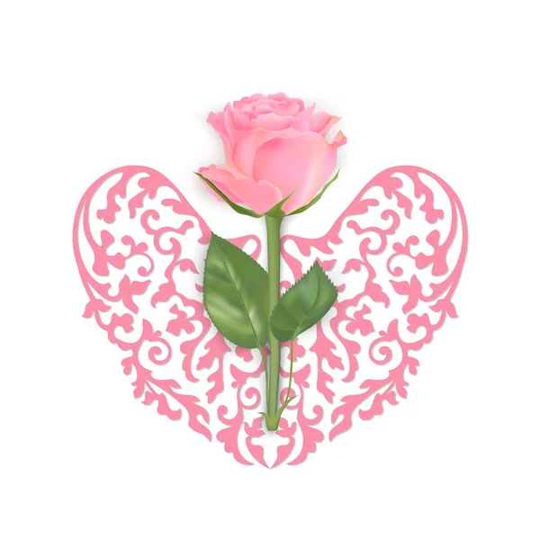 Rose Découpée Coeur Ornemental Photo Réaliste Rose Sur Fond Blanc — Image vectorielle