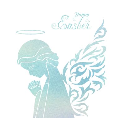A praying angel with delicate wings on a Watercolor blue background. The upper part of angel silhouette in profile view. Happy Easter calligraphy text. Isolated vector object. clipart
