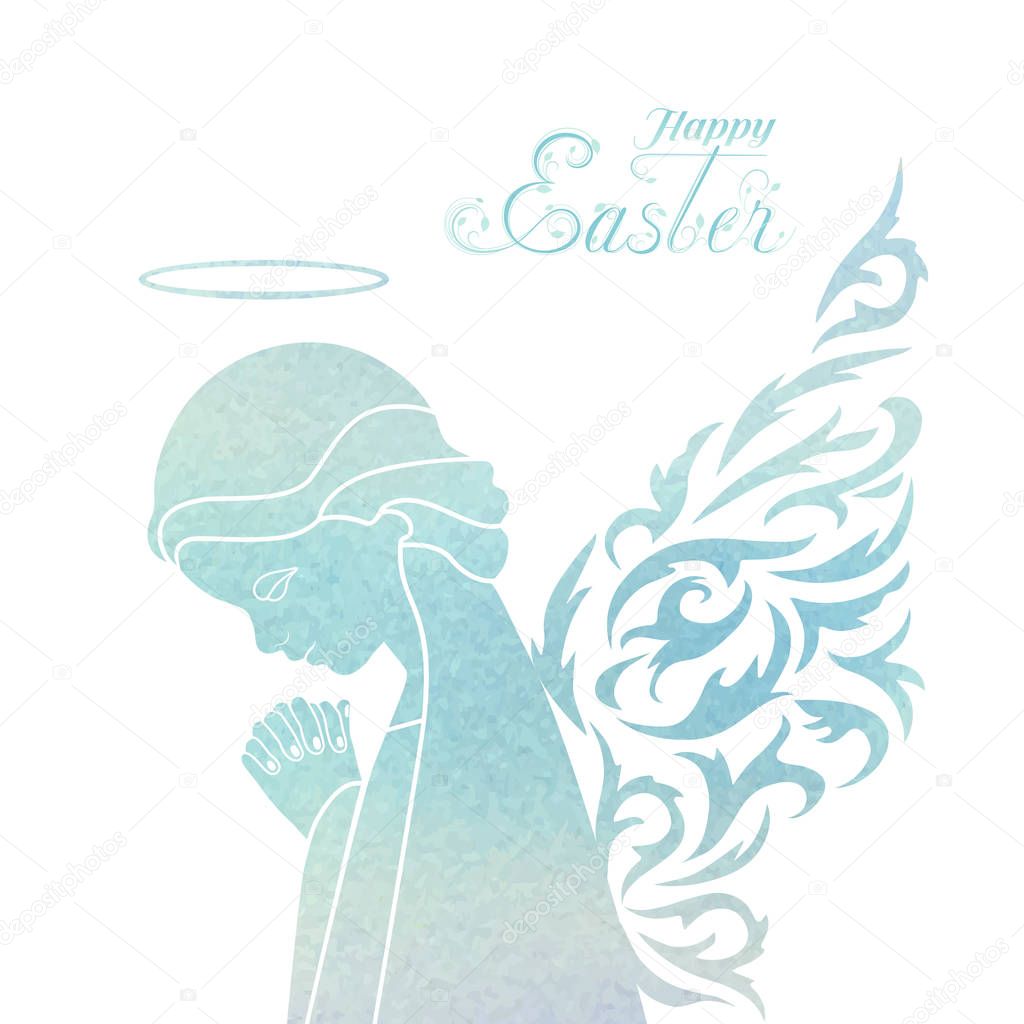 A praying angel with delicate wings on a Watercolor blue background. The upper part of angel silhouette in profile view. Happy Easter calligraphy text. Isolated vector object.
