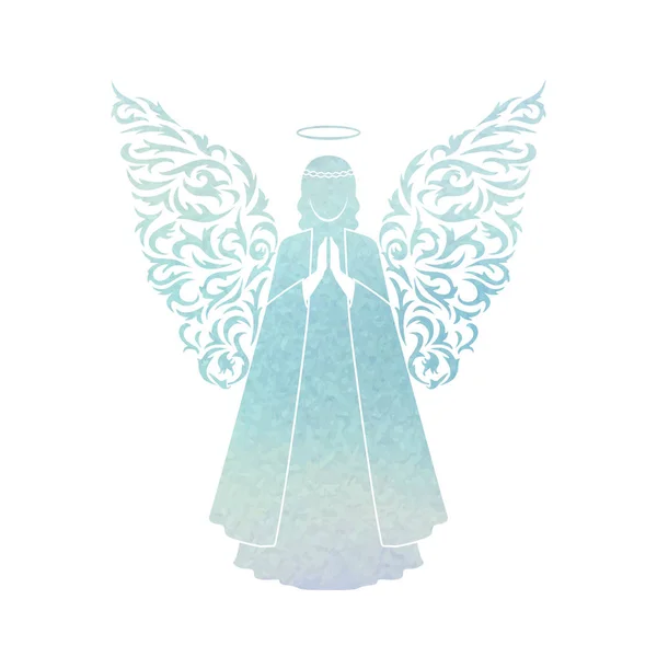 Ангел Силует Німб Прекрасний Ангел Акварельному Синьому Фоні Векторний Стенцильований — стоковий вектор