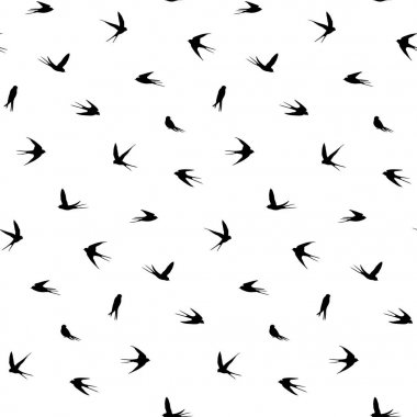 Dikişsiz desen siyah küçük beyaz bir arka plan üzerinde siluetleri yutar. Uçan kuşlar farklı görünümlerde. Vektör tasarım öğesi.