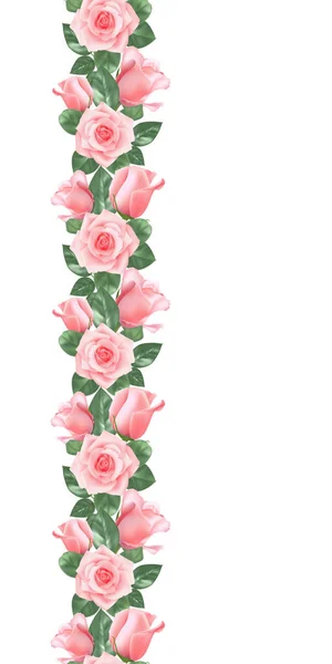 垂直板与粉红色照片逼真的玫瑰和树叶 为情人节 母亲节 妇女日 生日设计的无缝图案 — 图库矢量图片