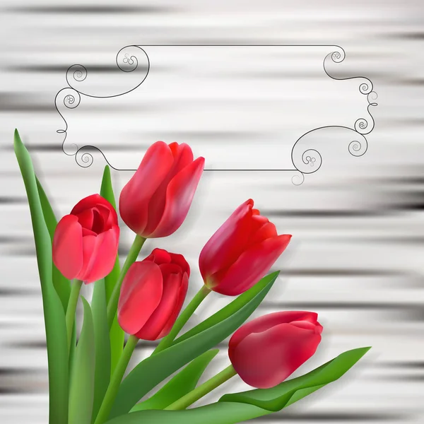 赤いチューリップの花束は 明るい白樺の木の樹皮背景に残します お祝い本文の装飾的なフレームで写真現実的な繊細な春の花のベクトル図 — ストックベクタ