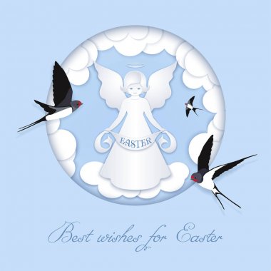 Happy Easter card with angel and swallows clipart