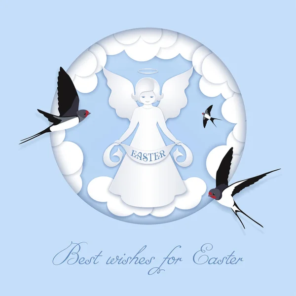 Boldog húsvéti üdvözlőlap-angel és a fecskék — Stock Vector