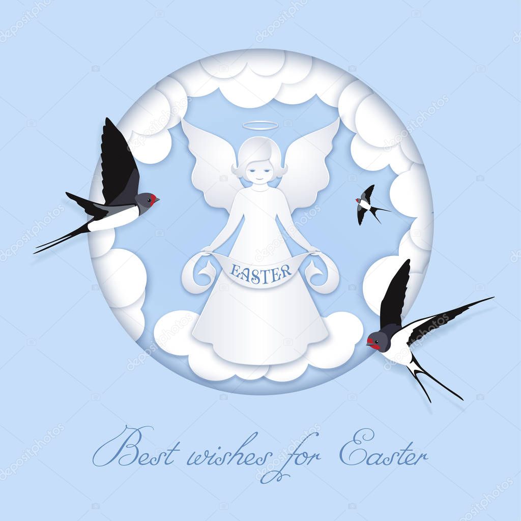 Happy Easter card with angel and swallows
