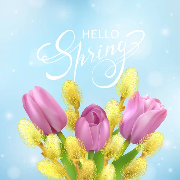 Hola tarjeta de primavera con tulipanes y sauce — Vector de stock