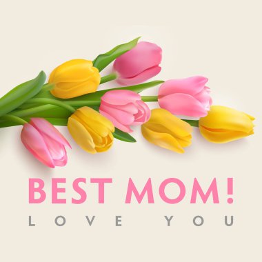 Yatay buket pembe ve sarı laleler ve pembe metin en iyi anne, hafif bir arka plan üzerinde seviyorum. Vektör çizim Foto gerçekçi narin çiçekler ile.