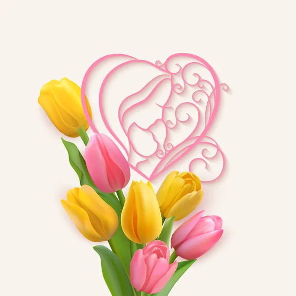 Line Art Design Mother Child Silhouette Ornamental Heart Shape Pink — Stock Vector