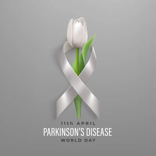 Banner del Día Mundial de la Enfermedad de Parkinsons con cinta y flor — Vector de stock