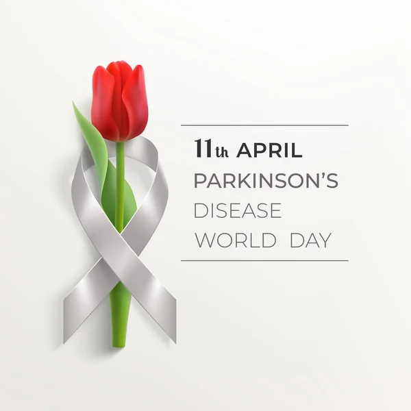 Banner del Día Mundial de la Enfermedad de Parkinsons con cinta y flor — Vector de stock