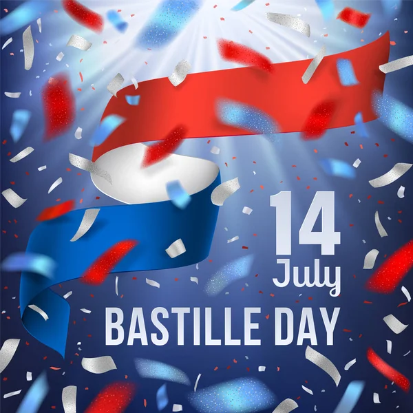 Bandera del día de la Bastilla con bandera nacional de Francia y confeti — Vector de stock