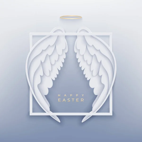 Happy Easter paper cut card with white angel wings — Stockový vektor