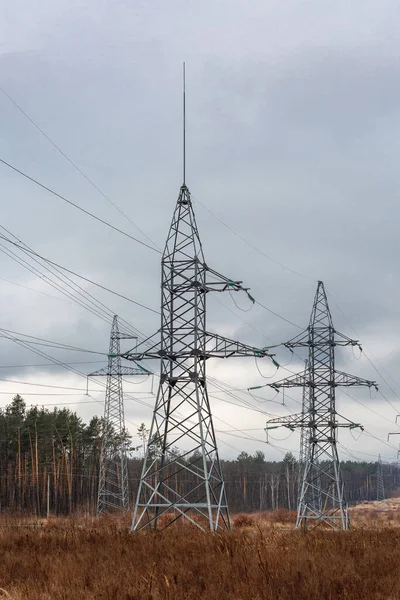 Bulutlu gökyüzüne karşı yüksek voltajlı elektrik direği