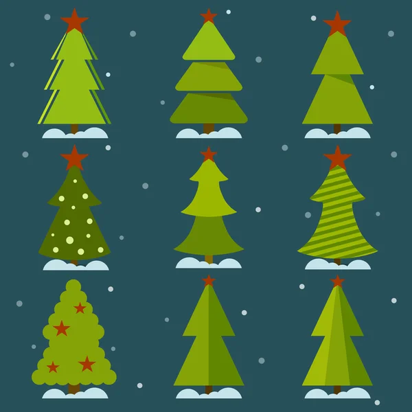 Árbol verde. Año Nuevo. Regalos bajo el árbol de Navidad, copos de nieve en el fondo. Tarjetas de plantilla . — Vector de stock