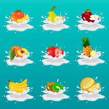 Su sıçramalarına ve meyve ve çilek ile yoğurt. Vektör çizim. Mavi bir arka plan üzerinde izole