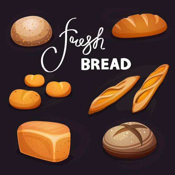 Çizgi film ekmek - çavdar, ciabatta, kepekli ekmek, çörek, ekmek, dilimlenmiş dizi Fransız baget, bütün tahıl ekmeği. Vektör çizim, yazı tahtası üzerinde izole