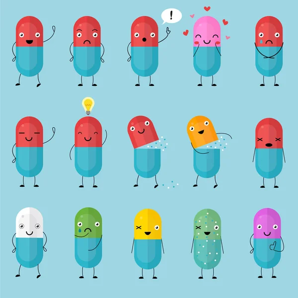 Pastillas y tabletas felices en un fondo azul, medicamentos con emoción y ojos, sonrisa, felicidad. Imagen vectorial — Archivo Imágenes Vectoriales