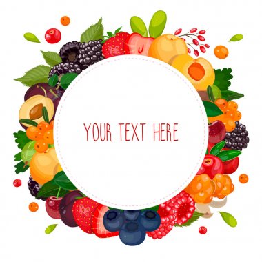 Meyveler yuvarlak etiketle. Şablon/çerçeve/banner tasarımı. Vektör, beyaz arka plan üzerinde izole.