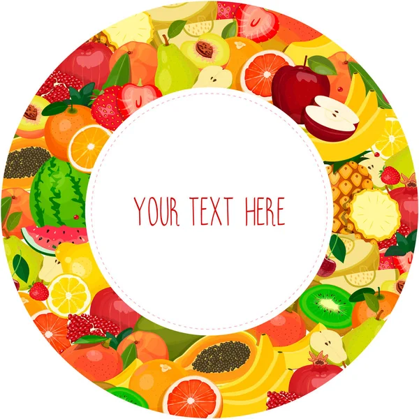 Etiket meyve ile yuvarlak: muz, karpuz, ananas, elma, çilek, portakal, vişne, mango, Erik, papaya, üzüm, armut. Şablon/çerçeve/banner tasarımı. Vektör, beyaz arka plan üzerinde izole.