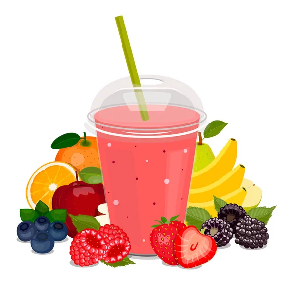 Beyaz arka plan üzerinde izole kokteyl smoothies suyu ile cam. Vektör. Meyve ve çilek.