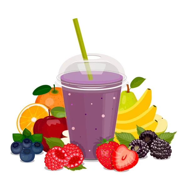 Copo com suco de smoothies cocktail isolado no fundo branco. Vector. Frutas e bagas . — Vetor de Stock