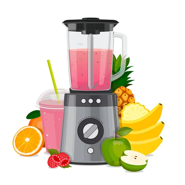 Misturador de liquidificador, com fruta. Smoothies e sumo. Vetor — Vetor de Stock