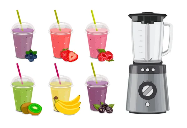 Blender mixer, with fruit. Smoothies and juice. Vector. Glass with cocktail smoothies juice isolated on white background. Vector. Fruits and berries. — Stock Vector