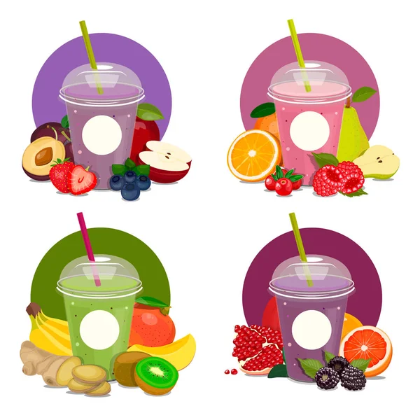 Beyaz arka plan üzerinde izole kokteyl smoothies suyu ile set cam. Vektör. Meyve ve çilek.