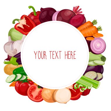 Sebze ile yuvarlak etiket. Şablon/çerçeve/banner tasarımı. Vektör, beyaz arka plan üzerinde izole.