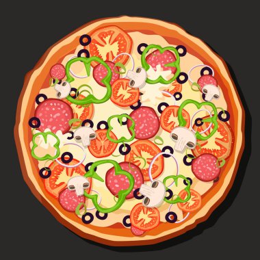 Pizza vektör. Gri bir arka plan üzerinde. Yukarıdan görüntüleyin. Bütün