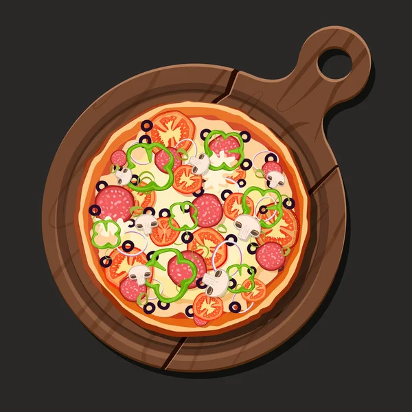 Vector de pizza. Sobre un fondo gris. Vista desde arriba. El todo. Sobre una tabla redonda de madera — Vector de stock