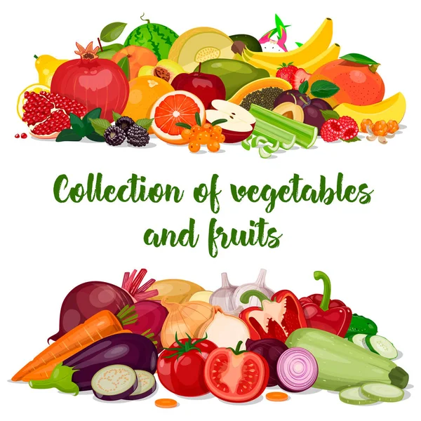 Сбор урожая сочные фрукты и ягоды и овощи, векторная иллюстрация на белом фоне — стоковый вектор