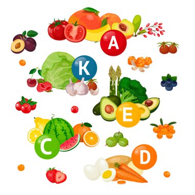 Sebzeler, meyveler ve meyve, vitaminler ve mineraller, illüstrasyon, Vitamin A, C, K, E, D vektör.