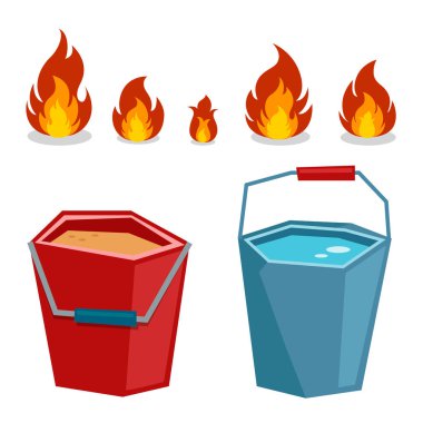 çizgi film ateş ve kova kum ve su üzerinde beyaz arka plan soyut, app, sanat, arka plan, şenlik ateşi, kova, yanık, kamp ateşi, çizgi film, çocuk izole