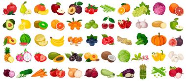 Meyveler ve meyve, sebze beyaz bir arka plan üzerinde kümesi. Vektör simgesi