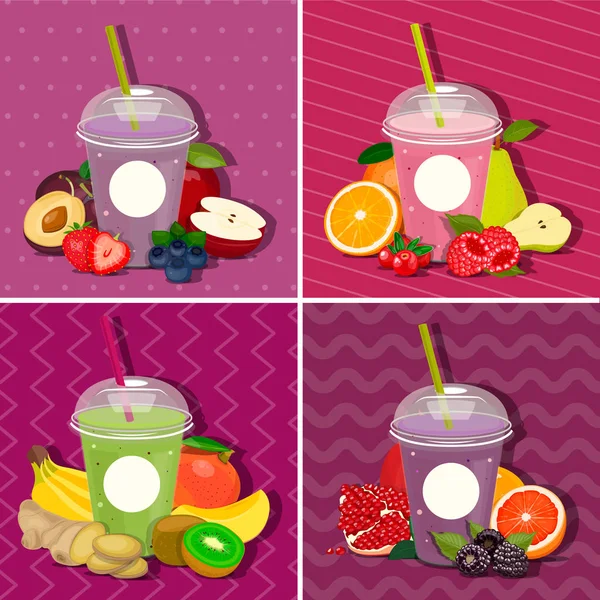 Set Glas mit Milchshake-Cocktail-Smoothies-Saft auf rosa Hintergrund. Vektor. Früchte und Beeren. — Stockvektor