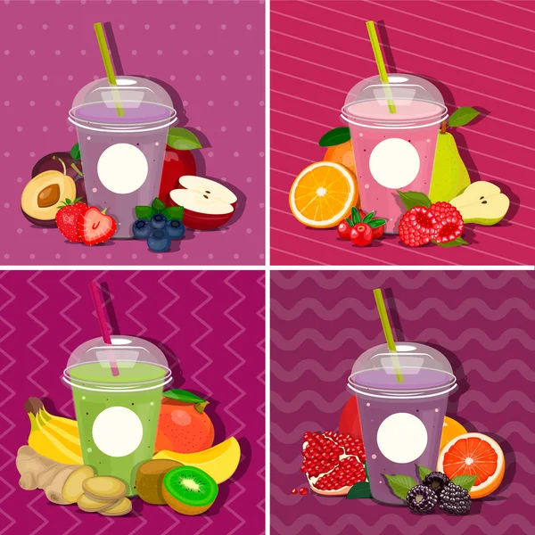 Set Vaso con batido batido jugo batidos sobre fondo rosa. Vector. Frutas y bayas . — Vector de stock