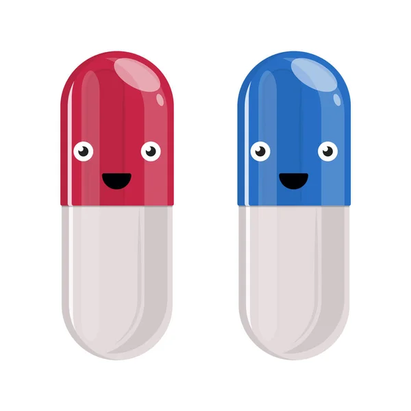Pillen glimlachen. Gelukkig pillen en pillen met emoties en gezicht op een blauwe achtergrond. Vector afbeelding — Stockvector