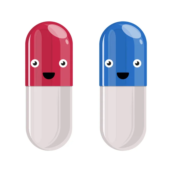 Pastillas sonriendo. Píldoras y píldoras felices con emociones y la cara en un fondo azul. Imagen vectorial — Archivo Imágenes Vectoriales