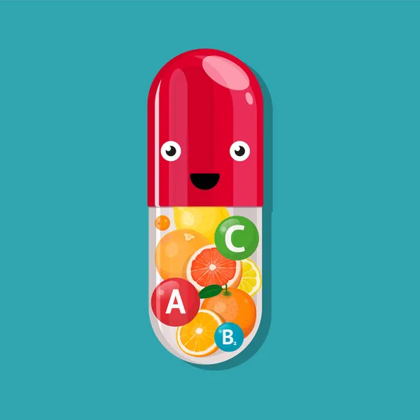Pillole felici con viso e sorriso, vitamine e frutta, bacche. Illustrazione vettoriale . — Vettoriale Stock