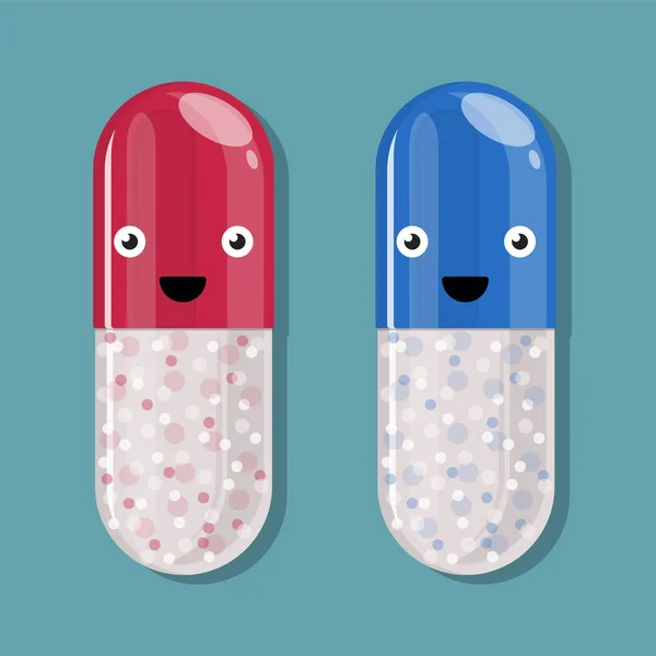 Pastillas sonriendo. Píldoras y píldoras felices con emociones y la cara en un fondo azul. Imagen vectorial — Archivo Imágenes Vectoriales