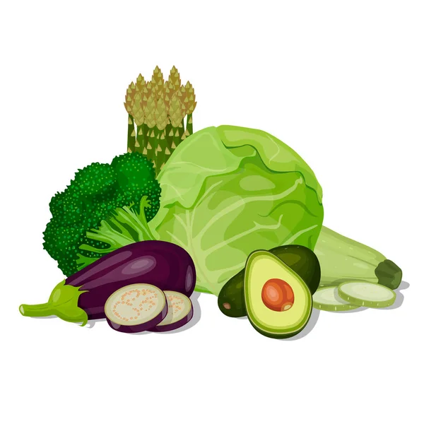 Verduras verdes. Vector. Col, calabacín, brócoli, aguacate, berenjena, espárragos . — Vector de stock