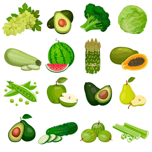 Sada zelených plodů, zelenina a jahody, izolované na bílém pozadí. Vektor — Stockový vektor