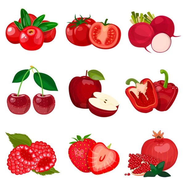 Conjunto de frutas rojas, verduras y bayas, aisladas sobre fondo blanco. Vector — Vector de stock