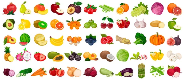 果実や果物、白い背景の上の野菜のセットです。ベクトルのアイコン — ストックベクタ