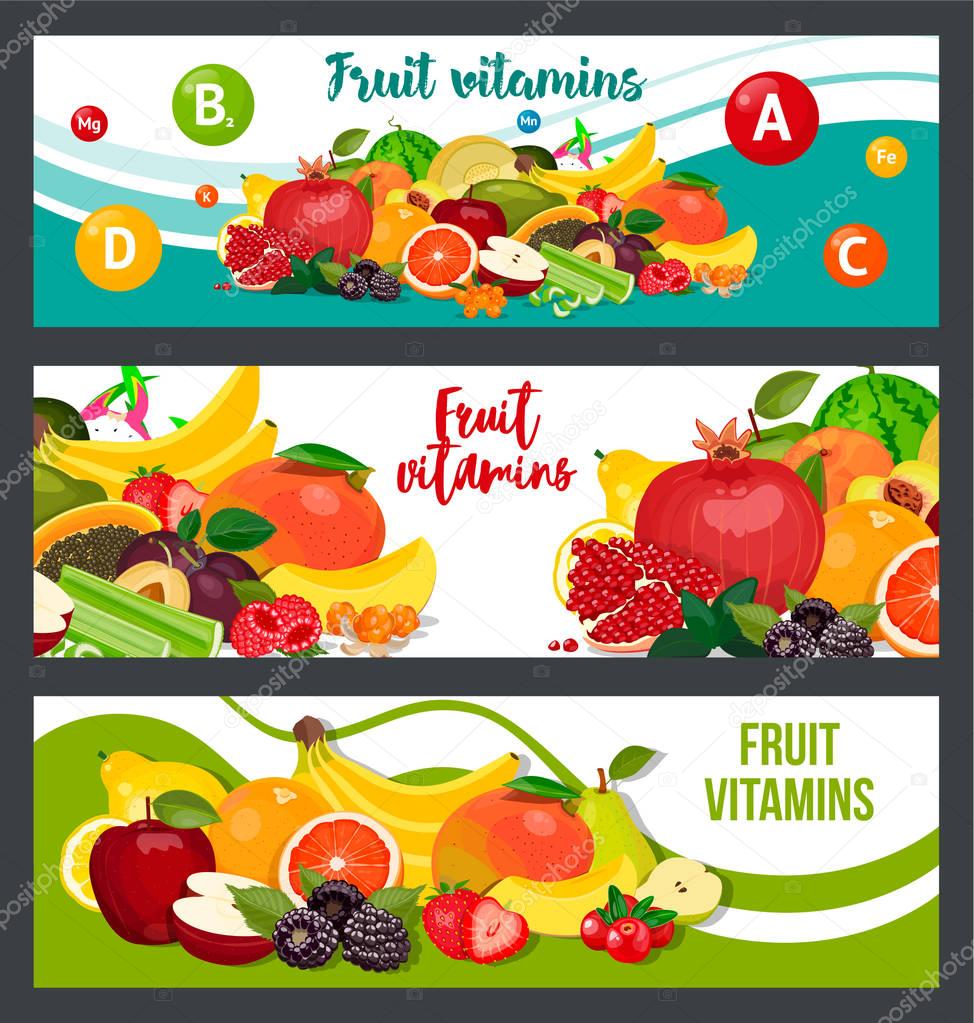 Vector fruit and berry horizontal banners on gray background. Design, dessert menu, medical health care products. With place for text. Template. 