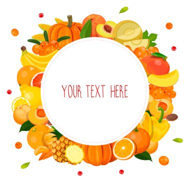 Etiket meyveler, meyveler ve sebzeler ile yuvarlak: yeşil, turuncu, kırmızı, mor. Şablon/çerçeve/banner tasarımı. Vektör, beyaz arka plan üzerinde izole.