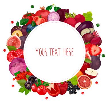 Etiket meyveler, meyveler ve sebzeler ile yuvarlak: yeşil, turuncu, kırmızı, mor. Şablon/çerçeve/banner tasarımı. Vektör, beyaz arka plan üzerinde izole.