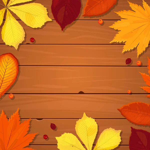 Renkli yaprakları ve ahşap kahverengi tahta üzerinde kırmızı meyveler ile sonbahar arka plan.